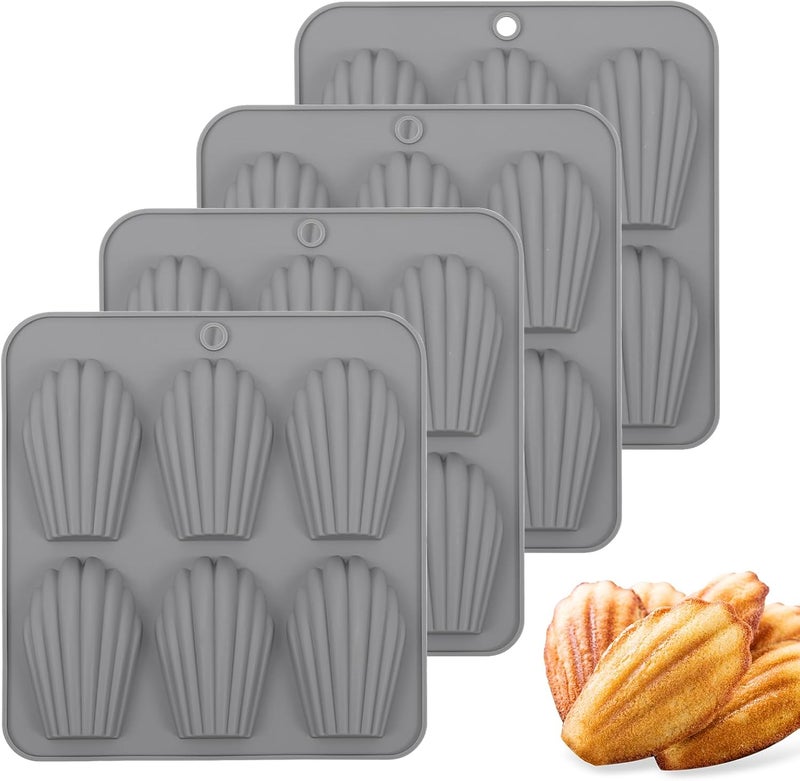 BIGOWL 4 Pack Madeleine Pans for Baking, 6 Cavity Shell Shape Baking Mold Nonstick Cookie Cake Pan for Oven (Grey) - Image 1